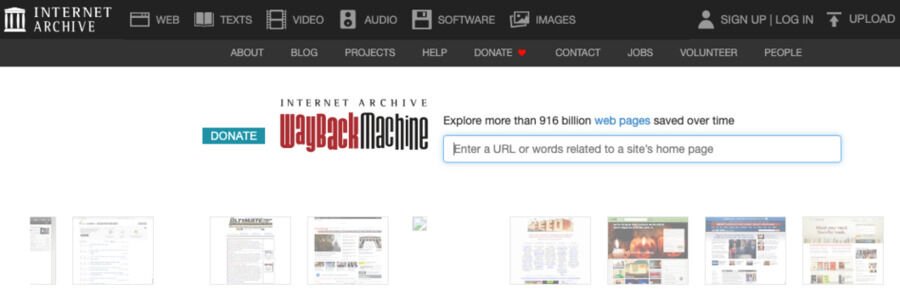 Skærmbillede af Web Archive-siden.