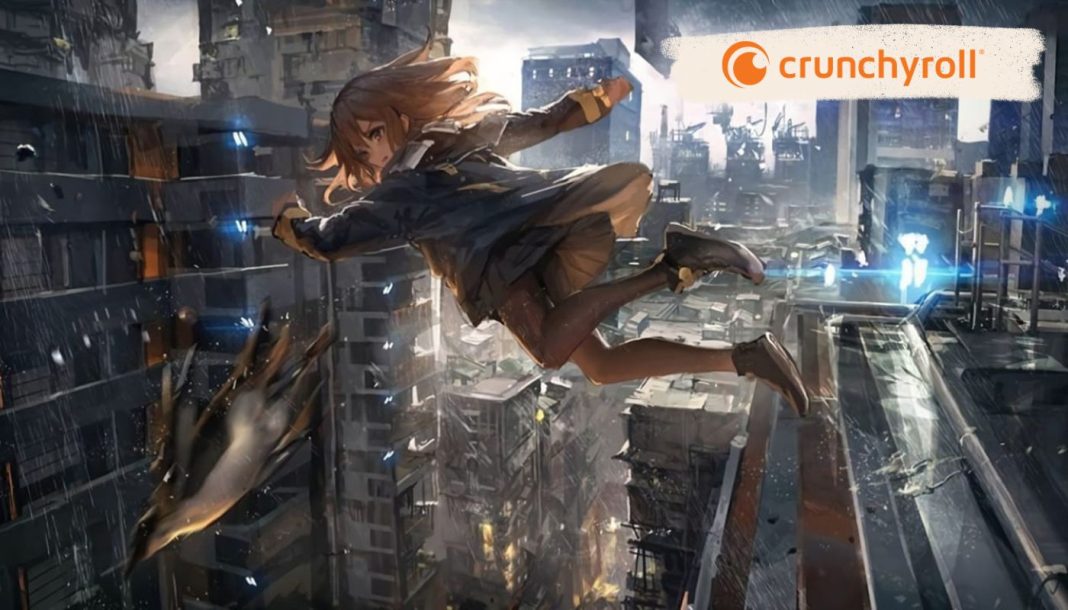 En anime-stil illustration af en pige, der springer gennem luften i en futuristisk by. Byen er fyldt med høje bygninger og lysende elementer. Crunchyroll-logoet er synligt øverst til højre.