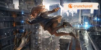 En anime-stil illustration af en pige, der springer gennem luften i en futuristisk by. Byen er fyldt med høje bygninger og lysende elementer. Crunchyroll-logoet er synligt øverst til højre.