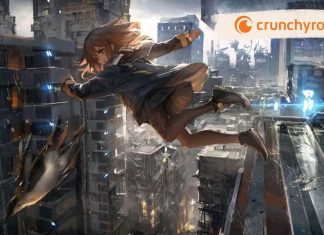En anime-stil illustration af en pige, der springer gennem luften i en futuristisk by. Byen er fyldt med høje bygninger og lysende elementer. Crunchyroll-logoet er synligt øverst til højre.