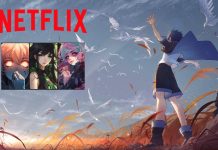 Anime-inspireret billede med teksten "NETFLIX" øverst. Til højre ses en ung pige med mørkt hår, iført en blå kappe og omgivet af hvide fugle. Baggrunden er en mark med højt græs og en dramatisk himmel.