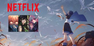 Anime-inspireret billede med teksten "NETFLIX" øverst. Til højre ses en ung pige med mørkt hår, iført en blå kappe og omgivet af hvide fugle. Baggrunden er en mark med højt græs og en dramatisk himmel.