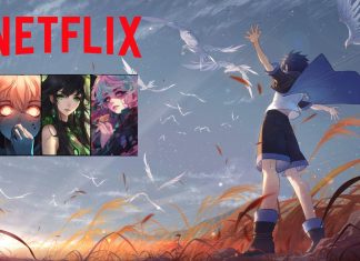 Anime-inspireret billede med teksten "NETFLIX" øverst. Til højre ses en ung pige med mørkt hår, iført en blå kappe og omgivet af hvide fugle. Baggrunden er en mark med højt græs og en dramatisk himmel.