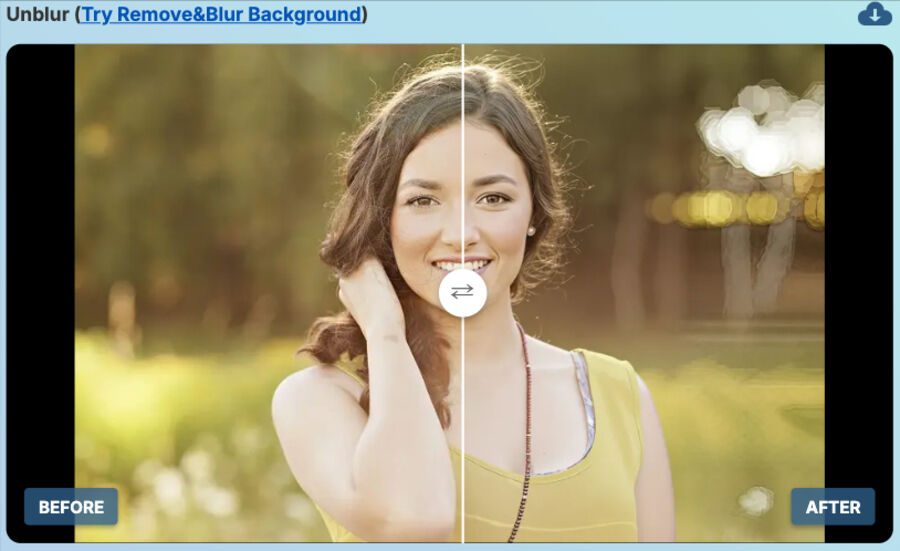Et skærmbillede af det behandlede foto på unblurimage. Før-og-efter-billede af en ung kvinde med en grøn baggrund. Den venstre side er sløret, mærket 'BEFORE', mens den højre side er skarpere og tydeligere, mærket 'AFTER'.