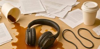 Hovedtelefonerne ligger i spildt kaffe på et skrivebord med dokumenter og to papkrus.