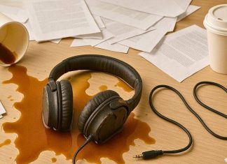 Hovedtelefonerne ligger i spildt kaffe på et skrivebord med dokumenter og to papkrus.