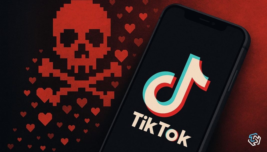 Smartphone med TikTok-logo på skærmen, ved siden af en stor pixelgrafik af et rødt kranie omgivet af små røde hjerter.