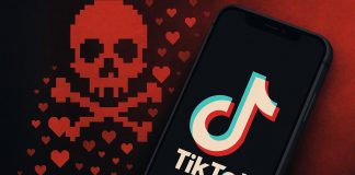 Smartphone med TikTok-logo på skærmen, ved siden af en stor pixelgrafik af et rødt kranie omgivet af små røde hjerter.