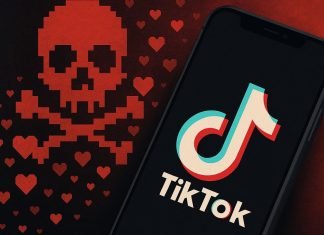Smartphone med TikTok-logo på skærmen, ved siden af en stor pixelgrafik af et rødt kranie omgivet af små røde hjerter.