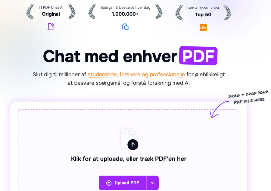 Forside af ChatPDF, hvor brugeren inviteres til at chatte med PDF-filer og uploade dokumenter til AI-analyse.