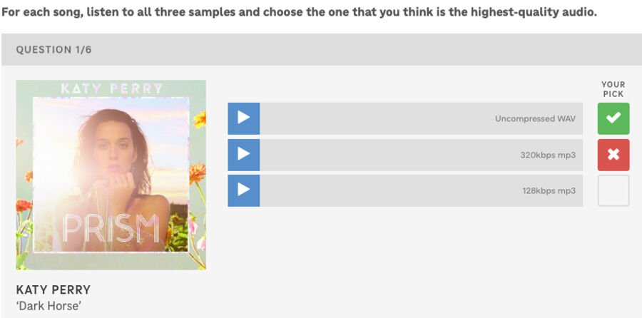 En skærmbillede fra en NPR-test, der beder brugeren om at vælge den højeste lydkvalitet. Til venstre er coveret til Katy Perrys album 'PRISM', med sangen 'Dark Horse'. Til højre ses tre afspilningsmuligheder: Ukomprimeret WAV, 320kbps mp3 og 128kbps mp3. Den ukomprimerede WAV er markeret med et grønt flueben, og 320kbps mp3 med et rødt kryds.