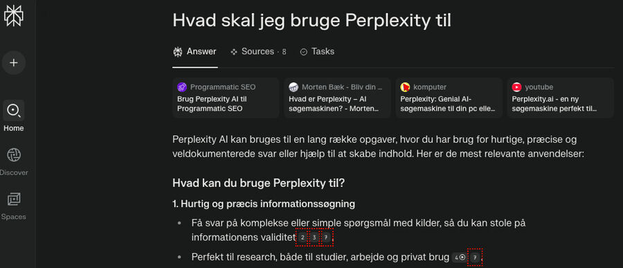 Skærmbillede af Perplexity AI-grænsefladen, der viser spørgsmålet 'Hvad skal jeg bruge Perplexity til' og en del af svaret under overskriften.