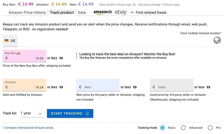 Keepa-vindue til opsætning af prisalarmer på et Amazon-produkt, hvor brugeren kan vælge prisgrænser for Buy Box, Amazon, nye og brugte varer samt angive, hvor længe produktet skal overvåges.