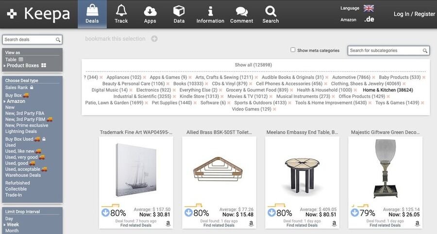 Keepa Deals-oversigt med filtre og kategorier, der viser aktuelle Amazon-tilbud, besparelser i procent samt de nuværende priser på forskellige produkter.